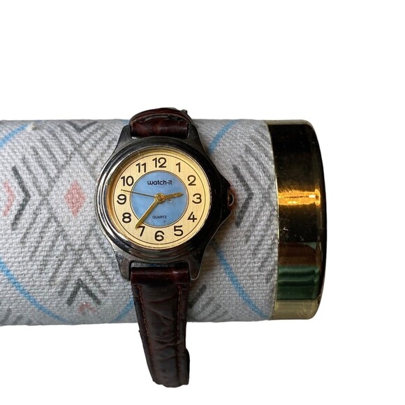 Watch-It Silver Gold Tone Blue Gold Dial Brown Leather Analog Watch Womens Ladie - Picture 1 of 5